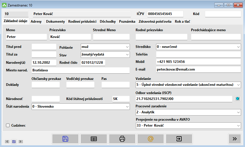 Karta zamestnanca v personalistike AVATO Mzdy